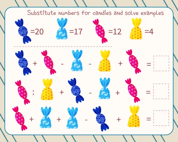 Matemáticas juego para niños reemplazar caramelos con números, resolver un ejemplo y escribir la respuesta — Vector de stock