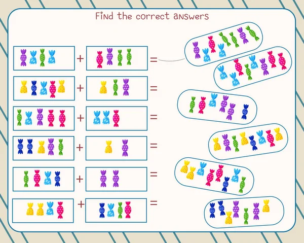 Matematik spel för barn. vika godis och hitta rätt svar — Stock vektor