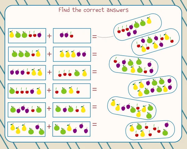 Juego de matemáticas para niños. doblar los frutos y encontrar la respuesta correcta — Vector de stock