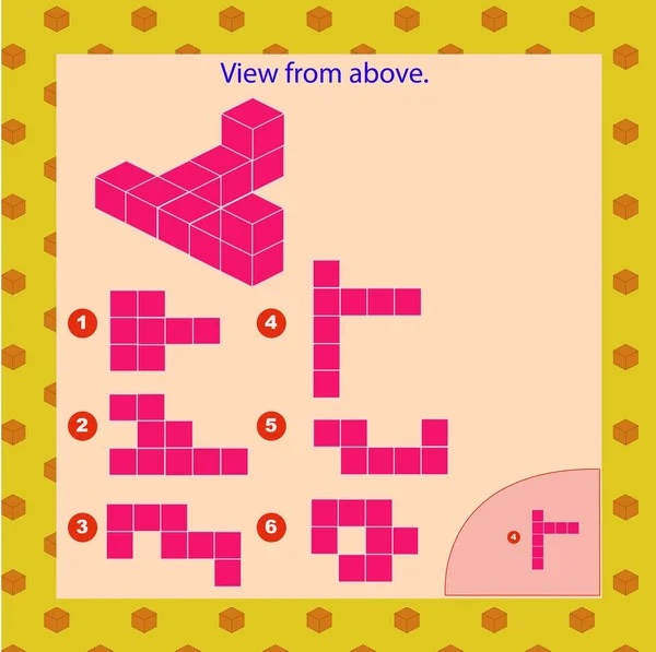 Logical educational game for children and adults, puzzle. the development of spatial thinking in children. The task of the game - what will be the top view — Stock Vector