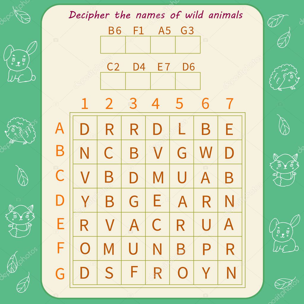 Logic game for children. Decipher the names of wild animals