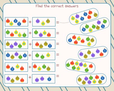 Çocuklar için matematik oyunu. Noel oyuncaklarını katla ve doğru cevabı bul.
