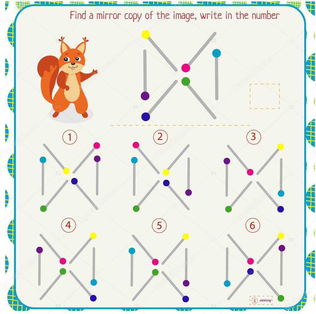 Logic puzzle game for children. Select and write down the number of the correct mirror image of the figure. Development of spatial thinking.