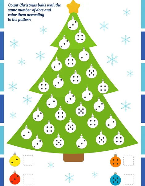 बच्चों के लिए एक खेल। बिन्दुओं की एक ही संख्या के साथ क्रिसमस बॉल की गणना करें और उन्हें पैटर्न के अनुसार रंग दें — स्टॉक वेक्टर
