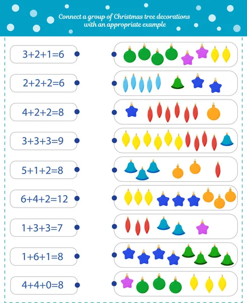 Juego de matemáticas para niños. Par de juguetes de Navidad con ejemplos a juego — Archivo Imágenes Vectoriales