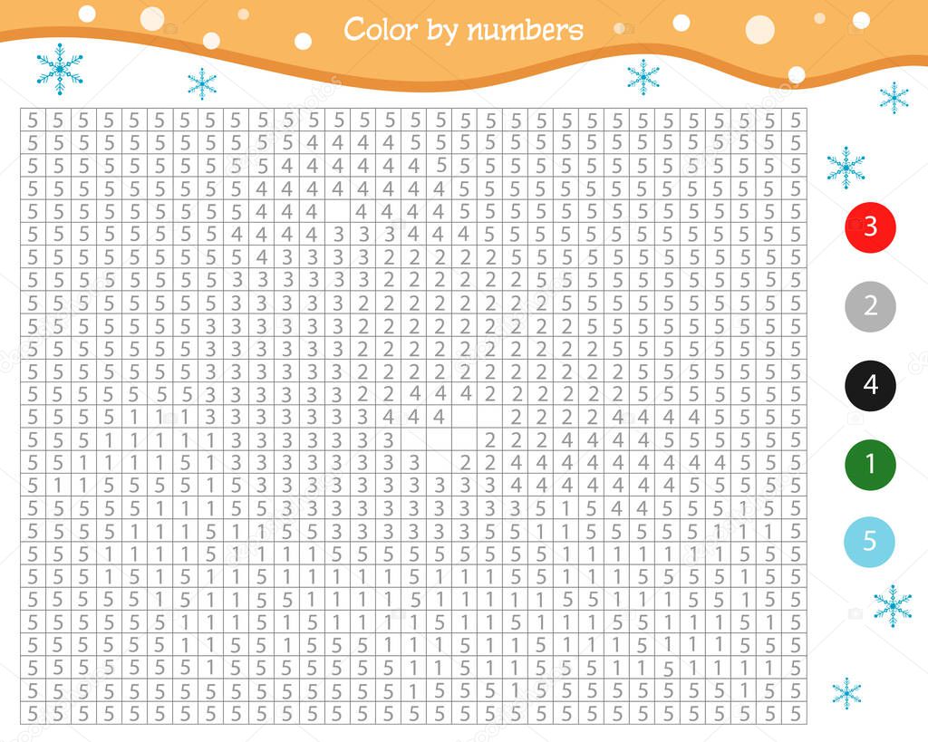 Number coloring for kids. Worksheet with numbered squares. Bullfinch.