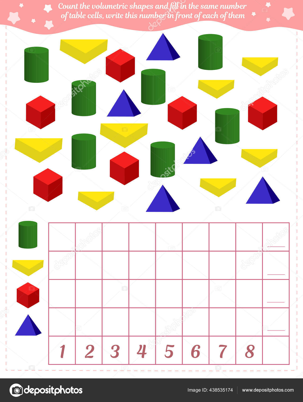 Contar Formas Geométricas Volumétricas Preencher Mesmo Número Células Tabela  Escrever Vetor de ©Irmer 438535174, image size:1280x1700