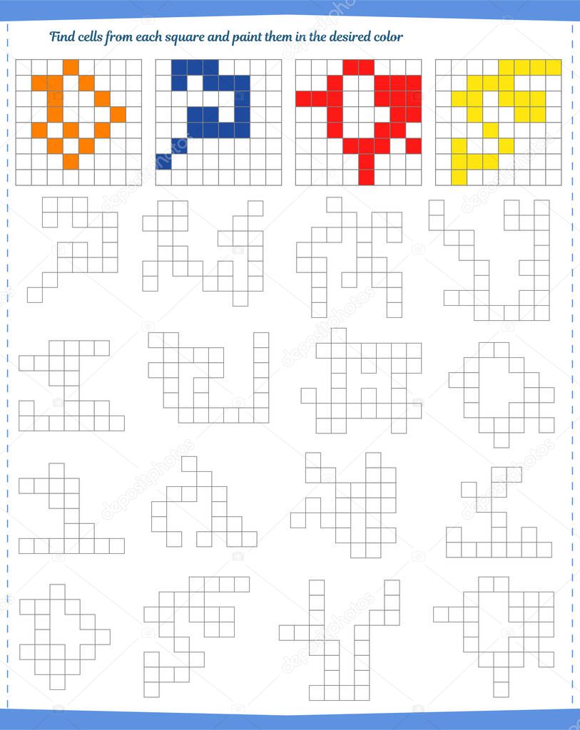 Logic game for children. Find the cells from each square and paint them in the same color