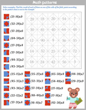 Matematiksel kalıplar. Çalışma çizelgesi. Örnekler çöz. Her birinin sonucunu alanın hücrelerinden birinde bulun, örneğin yanındaki desene göre boyayın.