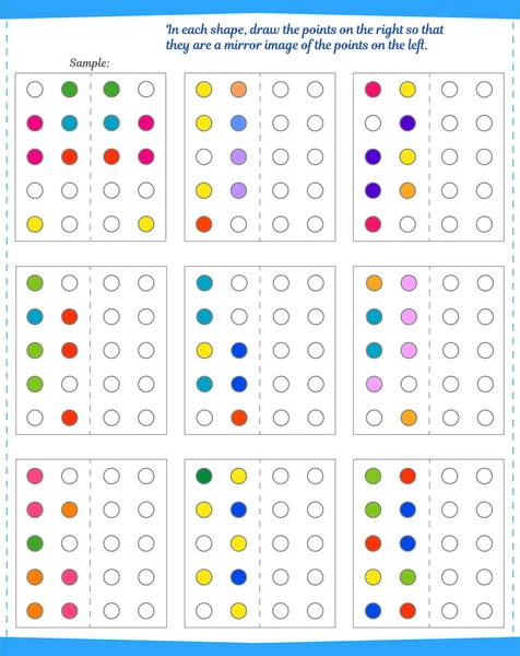 儿童的逻辑游戏 在每个形状中 把右边的点涂成颜色 使之成为左边点的镜像 — 图库矢量图片