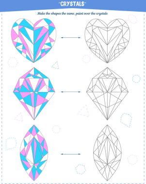 Dikkat çekmek, mekansal ve motor becerileri geliştirmek için boyama kitabı. Kristalleri örneğe göre boyama görevi