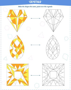 Dikkat çekmek, mekansal ve motor becerileri geliştirmek için boyama kitabı. Kristalleri örneğe göre boyama görevi