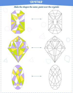 Dikkat çekmek, mekansal ve motor becerileri geliştirmek için boyama kitabı. Kristalleri örneğe göre boyama görevi