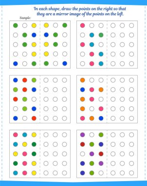 Çocuklar için mantık oyunu. Öğretim: Her desende, sağdaki noktaları boyayın ve soldaki noktaları yansıtın.
