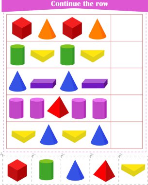 Çocuklar için mantık oyunu. Üç boyutlu geometrik şekiller serisine devam edin. Vektör illüstrasyonu