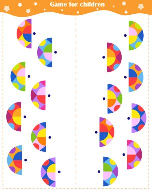 Çocuklar için mantık bulmacası oyunu. Her çemberin diğer yarısını bul ve onları birleştir.