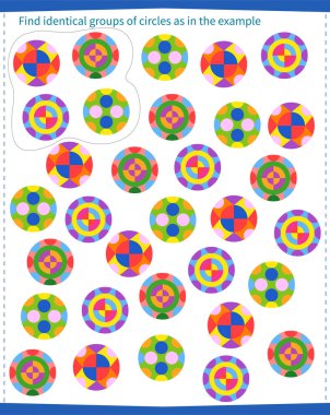 Çocuklar için bir oyun. Dairelerdeki tüm desenleri bulun ve örneklerde gösterildiği gibi daire içine alın..