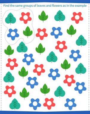 Çocuklar için bir oyun. Tüm çiçek ve yaprakları bulun ve kumaş parçasında gösterildiği gibi daire içine alın..