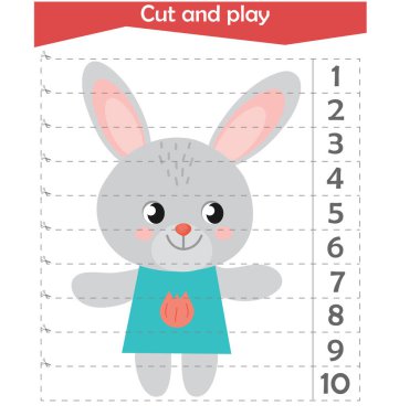Çocuklar için matematik bulmacası. Kestik ve topladık. 10 'a kadar sayıyorum. Tavşancık