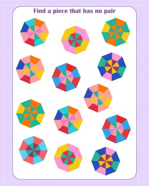 Çocuklar için mantık oyunu. Hangi şeklin eşlenmediğini bul. İlginin gelişimi