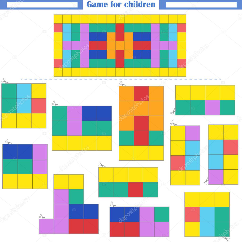 Logic game. Development of spatial thinking. Cut out fragments and assemble a rectangle according to the pattern