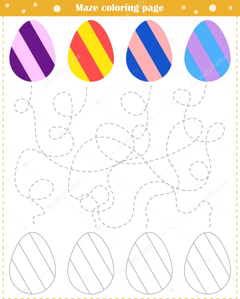Logic game for children. Go through the maze and paint the eggs according to the pattern