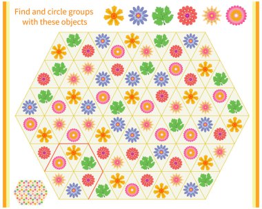 Çocuklar için mantık oyunu. Grupları üstte gösterilen nesnelerle böl ve daire içine al