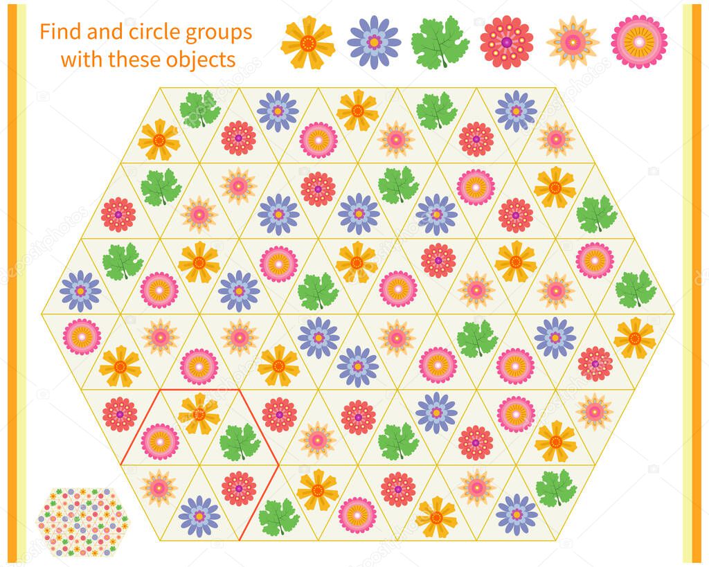 Logic game for children. Divide and circle the groups with the objects shown at the top