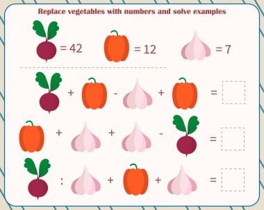  Çocuklar için matematik oyunu. Sebzeleri sayılarla değiştir ve örnekleri çöz