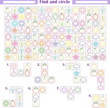  Çocuklar için mantık oyunu. İlginin gelişimi, düşünme. Aşağıda gösterilen parçaları bul ve daire içine al