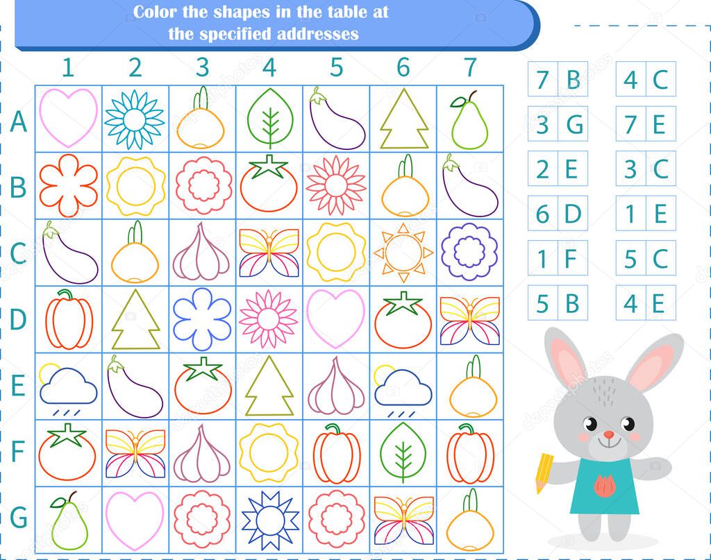  Logic game for children. Find the figures at the address. Color only these shapes. Vector illustration