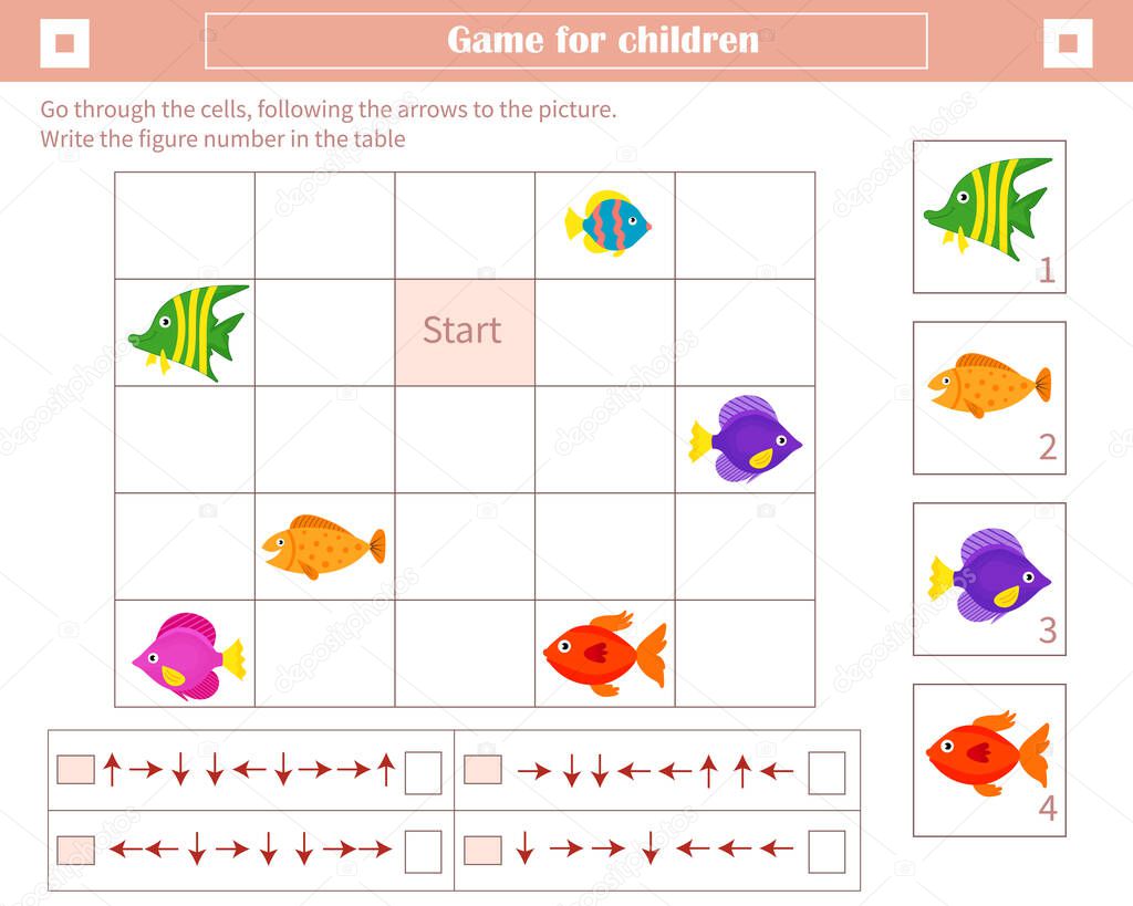 A game for children. Development of spatial thinking. Go through the cells, following the arrows to the picture. Mark the figure number in the table