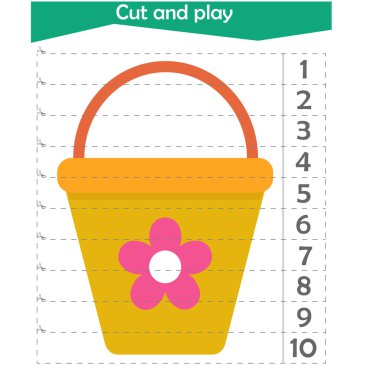 Çocuklar için matematik bulmacası. Kesip oynuyoruz. 10 'a kadar sayıyorum. Kum kovası