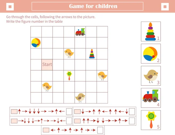 子供のためのゲーム。空間的思考の発達。写真に矢印に続いて、細胞を通過します. — ストックベクタ