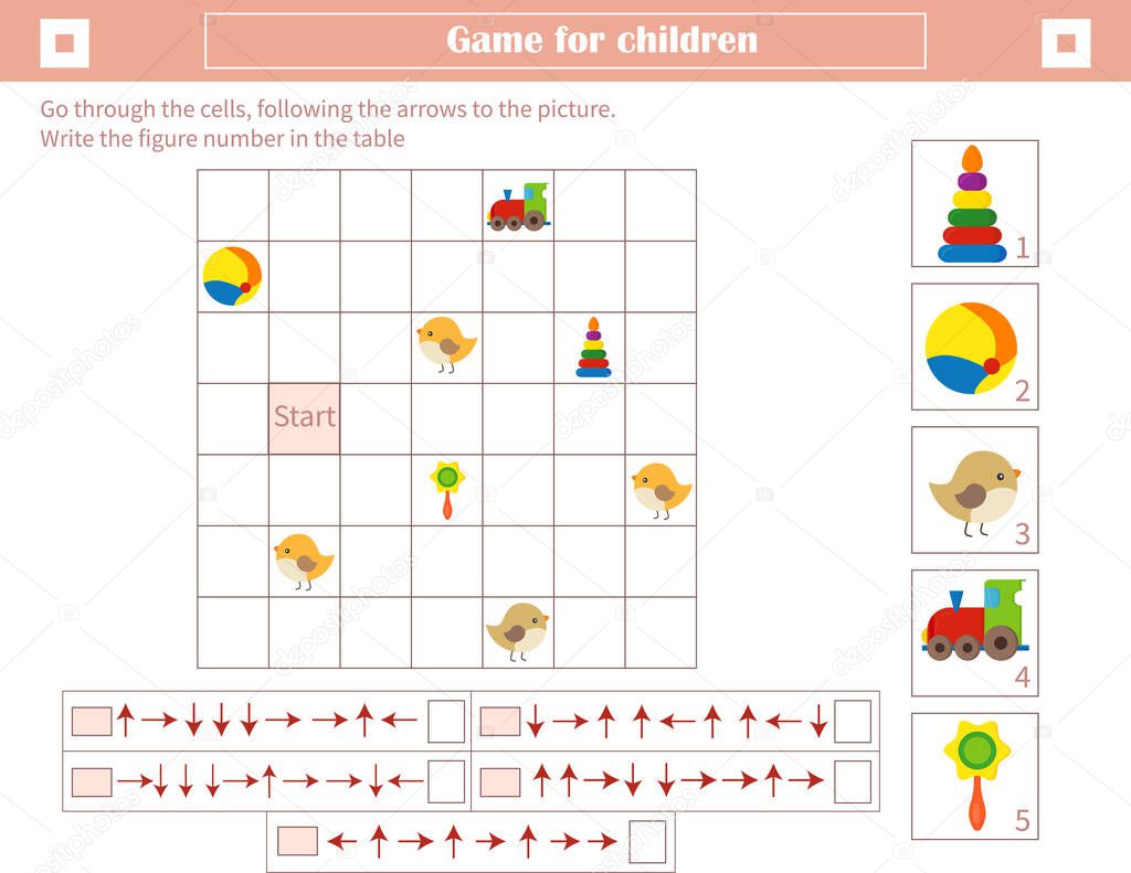  A game for children. Development of spatial thinking. Go through the cells, following the arrows to the picture. 