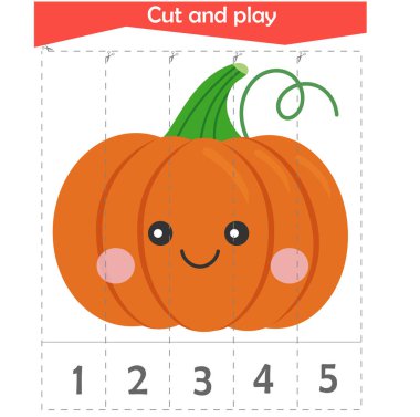  Çocuklar için matematik bulmacası. Kesip oynuyoruz. Beşe kadar sayıyorum. Balkabağım.