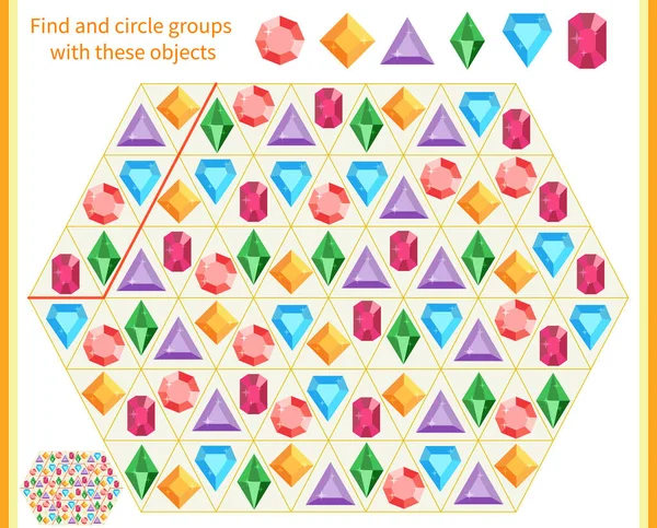 Логическая игра для детей. Разделите и округлите группы объектами, показанными вверху — стоковый вектор