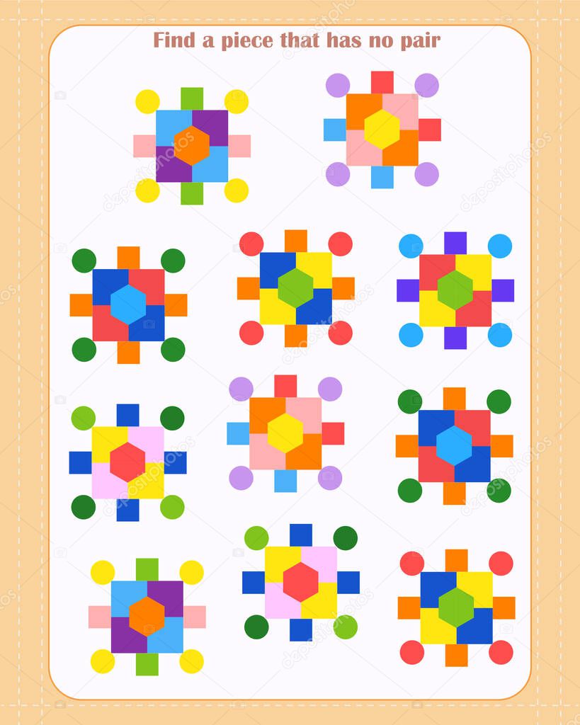  Logic game for children. Find which shape is unpaired. Development of attention