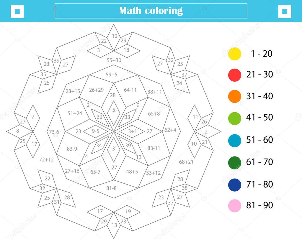 Mathematical coloring book for children. Addition and subtraction. Worksheet