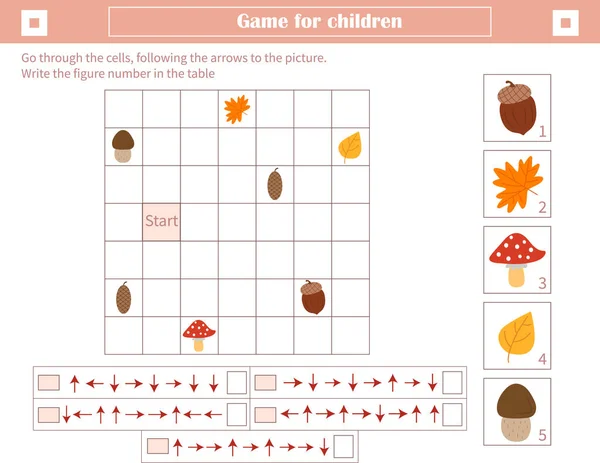 子供のためのゲーム 空間的思考の発達 画像に矢印に従って セルを通過します 表の数字をマークします — ストックベクタ