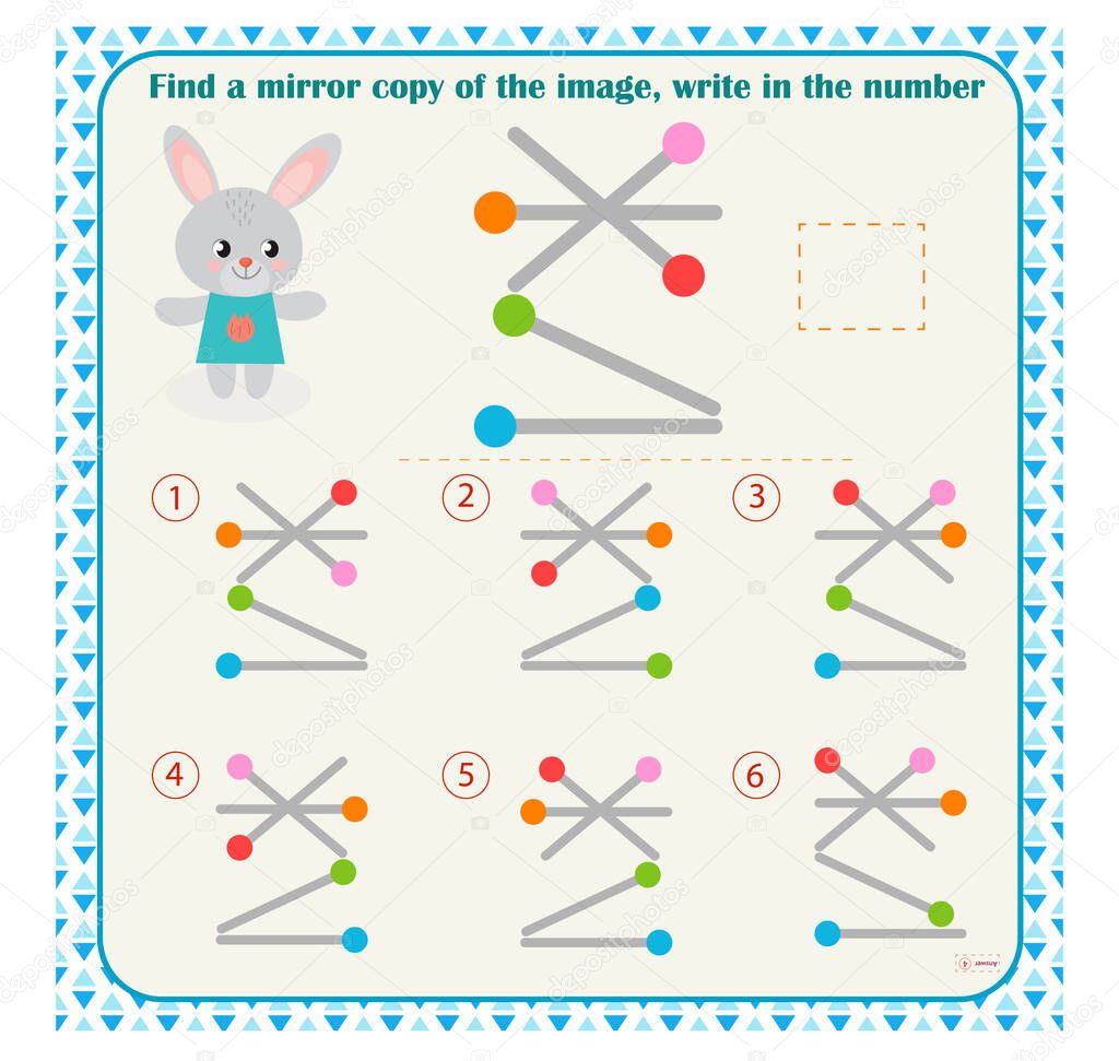 Logic puzzle game for children. Select and write down the number of the correct mirror image of the figure. Development of spatial thinking