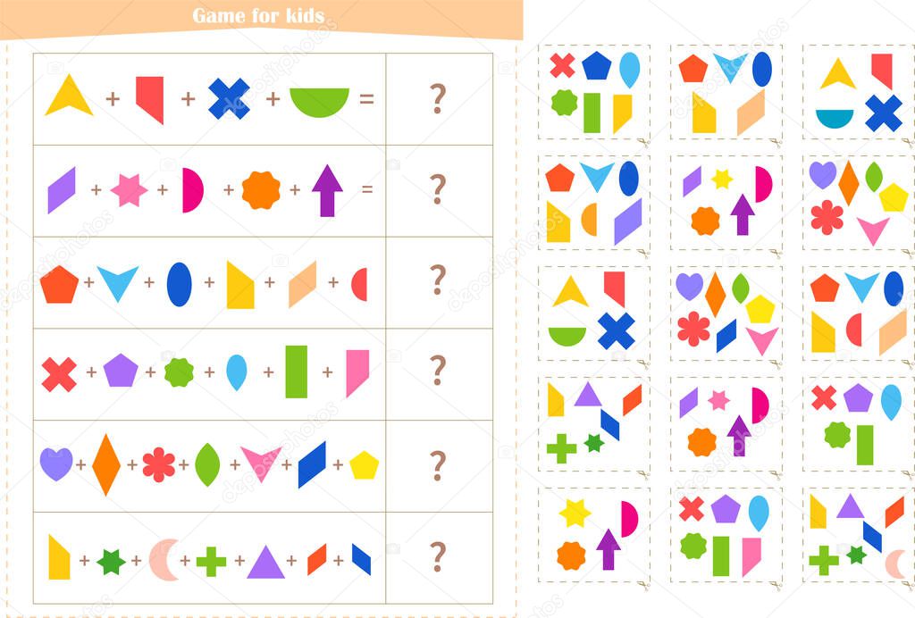Logic game for children. Find the correct answer card for each example. Development of attention, memory, thinking