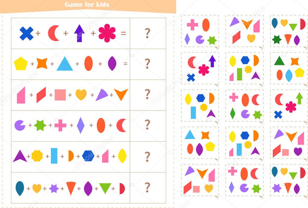 Logic game for children. Find the correct answer card for each example. Development of attention, memory, thinking