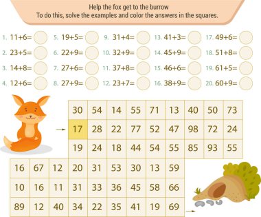  Matematiksel labirent. Yolu bulmak için örnekleri çözün ve cevapları karelerle renklendirin.