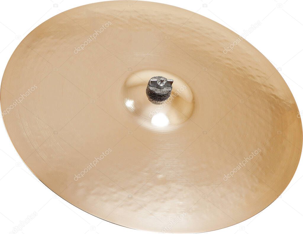 Drum cymbal golden brass musical instrument isolated on white background.