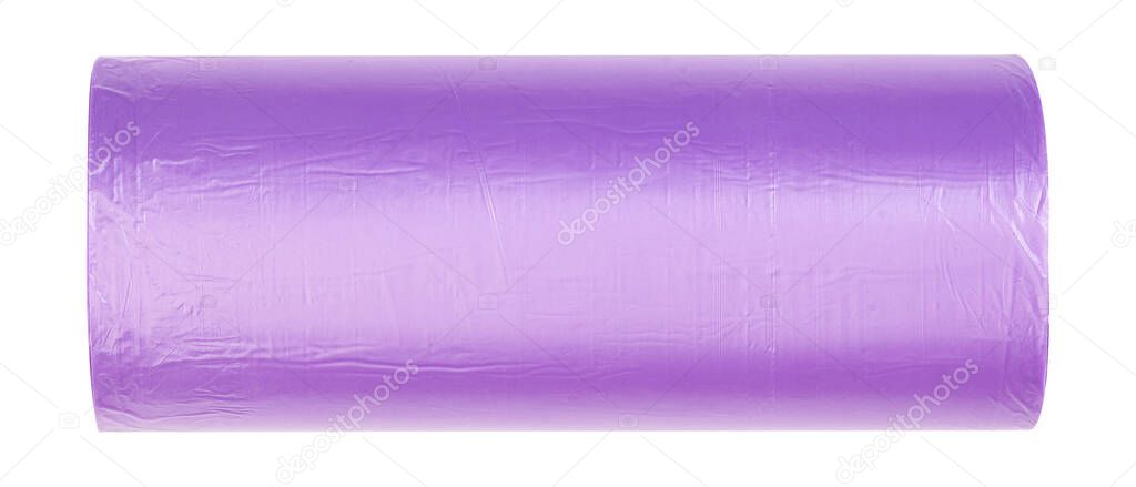 Purple plastic polyethylene trash bag roll isolated over the white background.