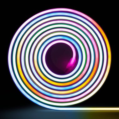 Esnek RGB öncülüğünde siyah arkaplanda parlayan neon bantlar.