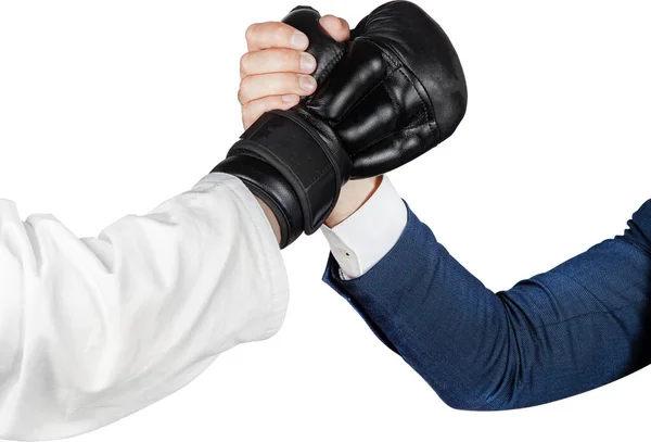 Businessman Suit Handshake Judoka Boxing Gloves White Kimono Isolated — Stock Photo, Image