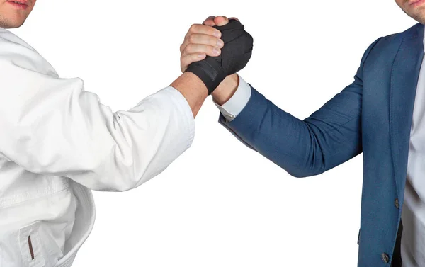 Businessman Suit Handshake Judoka Boxing Gloves White Kimono Isolated — Stock Photo, Image
