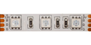 LED strip segment close-up on white background.